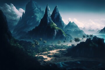 Naklejka na ściany i meble Tropical Mountain Jungle, Alien Landscape, Dense Forest, Concept Art, Digital Illustration, Generative AI
