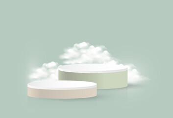 Set of Podium Alas Round. pastel color. clouds. Minimal wall chief. Abstract room design. 3D geometric geometric rendering vectors for the display of cosmetic products. Stage for showcase.