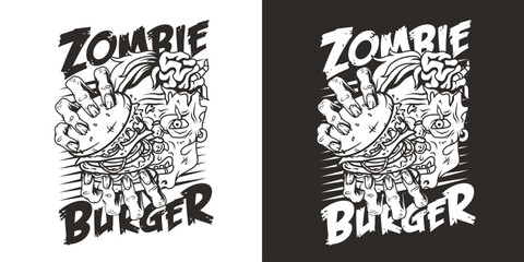 Zombie burger or american fast food or USA food with walking dead or undead with hamburger for logo or poster. Tasty burger in zombie hands