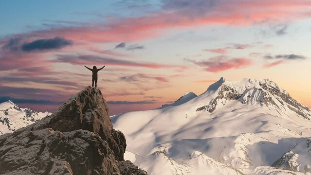 Adventurous Woman Hiker standing on top of icy peak with rocky mountains in background. Adventure Composite. 3d Rendering rocks. Aerial Image of landscape from BC, Canada. Dramatic. 3d Illustration