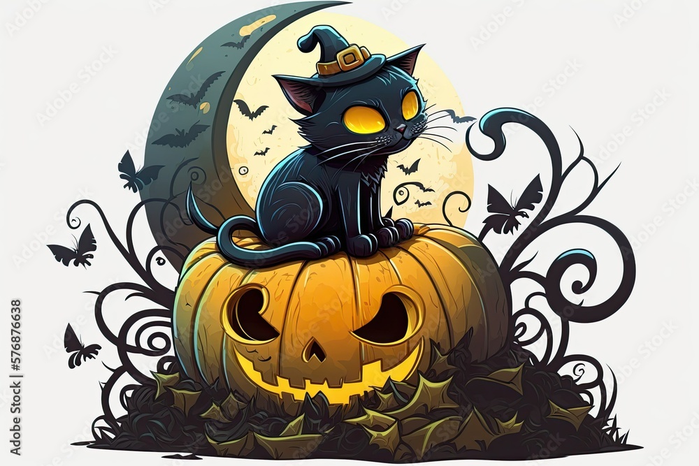 Canvas Prints A black cat dressed as a witch for Halloween. A Scottish kitty takes a nap on top of a carved pumpkin featuring a scary masked face. Generative AI