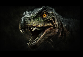 Close up on a The head of dinosaur in the dark background. High quality photo