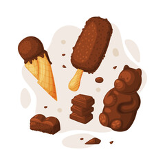Chocolate set. Various tasty sweets and candies cartoon vector illustration
