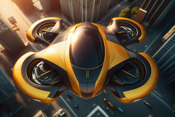 Drone taxi flying between buildings in city, Future transportation technology