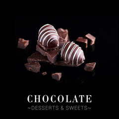 Assorted Swiss chocolate sweets. A lot of candies isolated on black background with reflection, text and copy space. Ready square chocolaterie menu banner. Praline cocoa sweets with marzipan inside