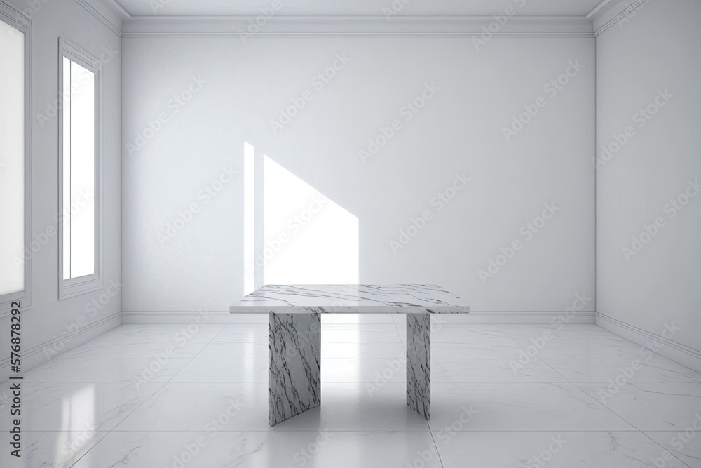 Aufkleber white marble table top with no objects on it, in a blank white room. generative ai