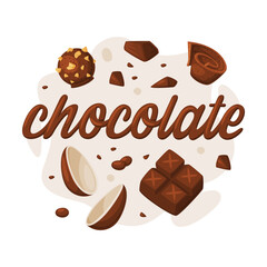 Chocolate set. Chocolate egg, bar, candy. Tasty sweet dessert cartoon vector illustration