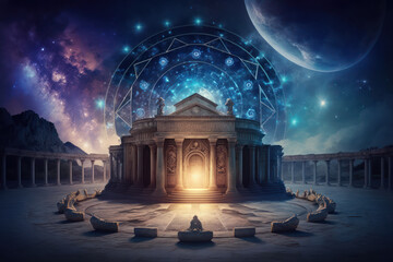 Zodiac symbols and sacred temple backdrop, astrology, alchemy, magic, sorcery and crystals enigmatic structure.