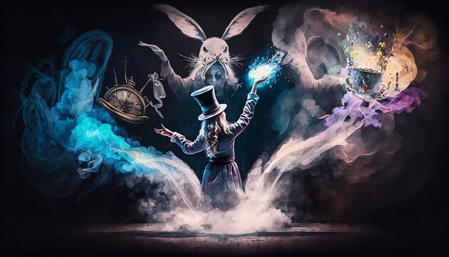 illustration sur la magie, magicien, chapeau et lapins - generative ai
