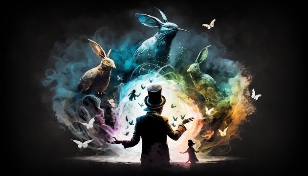 illustration sur la magie, magicien, chapeau et lapins - generative ai