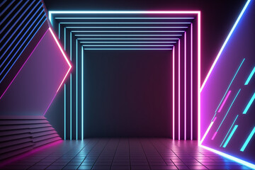 Pink Blue Neon Lines Abstract Neon Background With Glowing Wavy Line. 3D Render Illustration. Generative AI.