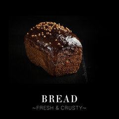 Close up to yeast-free bread loaf isolated on black background. Ready square menu banner with text and copy space. Fresh whole rye bread with coriander spices on top served on slave board