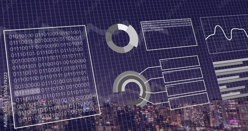Poster animation of binary coding and financial data processing over city
