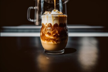 A glass of iced coffee with whipped cream and caramel