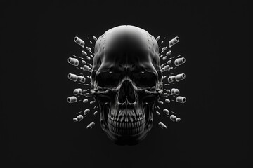 Illustration of pistol rounds forming a human skull, set against a black background, is called a bullet skull. Generative AI