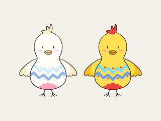 Wesołych Świąt Wielkanocnych - zestaw dwóch śmiesznych kurczaczków. Kurczaki pomalowane jak świąteczne pisanki. Wektorowe elementy do tworzenia kartek, banerów, świątecznych prezentacji.	 - obrazy, fototapety, plakaty