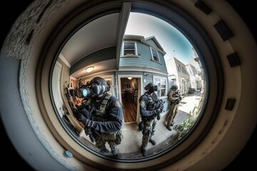 Swat agents on the threshold, concept of Surveillance and Breach, created with Generative AI technology - obrazy, fototapety, plakaty
