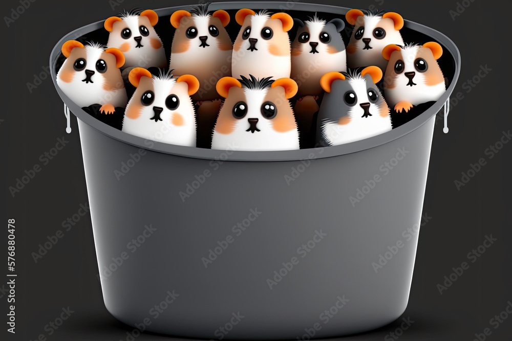 Poster a bunch of grey and orange hamsters are standing in a black plastic bucket, ready to eat. some of th