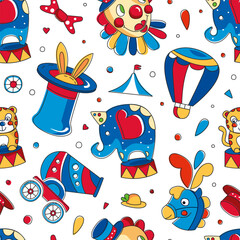 Fototapeta premium Circus objects seamless pattern. Wallpaper, textile, background with carnival show repeating print vector