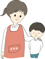 エプロンを着た保育士の女性と子供のイラスト