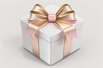Obraz premium White gift box on white background with pink ribbon bow basic conceptual. Generative AI