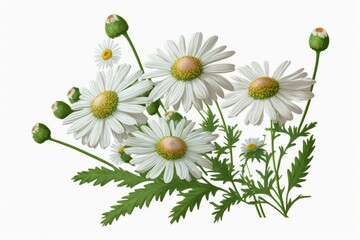 Isolated white camomile bouquet on white background. Plant some wild chamomile. Flowering in the spring or summer. Flowers on the field. Generative AI