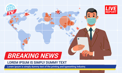 News anchors with medical mask reporting spread pandemic in TV studio presenters on breaking news with world map background