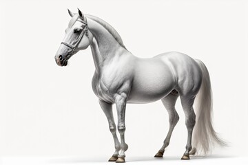 Obraz na płótnie Canvas The male white Arabian horse stands alone against a white background. Generative AI