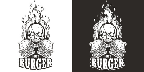 Burning skeleton with burger in hands. Skull in fire and hamburger with meat, cheese and vegetable for logo, print or poster. American fast food or USA food with bones