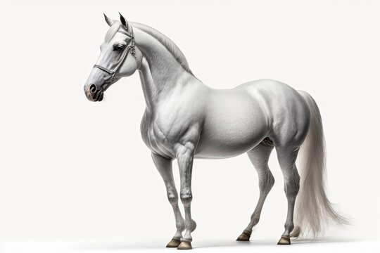 The male white Arabian horse stands alone against a white background. Generative AI