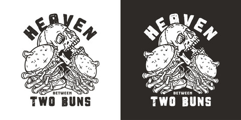 Burger in skeleton hands. American fast food or USA food with skull, bones and burger with meat, cheese and vegetable for logo or poster