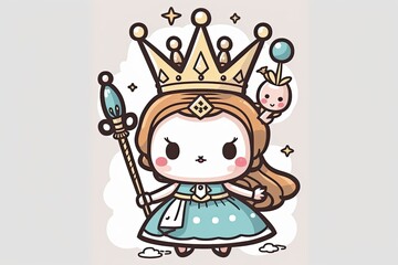 Obraz na płótnie Canvas Magical bunny girl wearing a crown and holding a wand is shown on a white background. Cute pattern for kids' clothes, bedding, stationery, and decor. Illustration. Generative AI