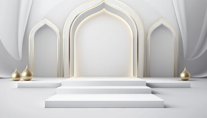 White soft pastel podium islamic Background. ramadhan ornament on White soft Carpet Background. Generative ai