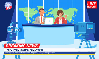 Couple news anchors reporting news in TV studio production presenters on breaking news with world map background