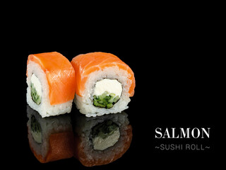 Close up to inside out sushi roll pieces with mirror reflection on black background. Sushi roll with cream cheese, cucumber and salmon on top. Ready menu advertising banner with text and copy space.