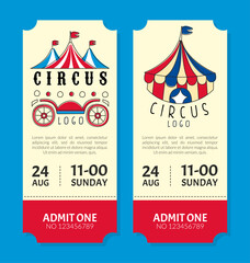 Show circus vertical vintage tickets set. Admit one coupon mention, barcode and text for festival and amusing fairground vector © topvectors
