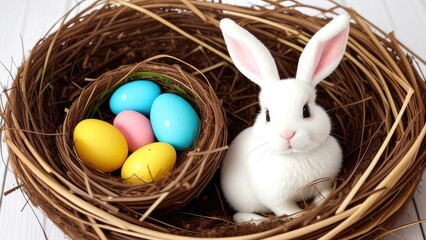 Fototapeta na wymiar Easter Bunny in a Nest with Eggs
