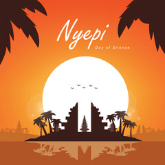 Naklejka premium Greetings for Nyepi day of silence with Shades of Orange and Moon