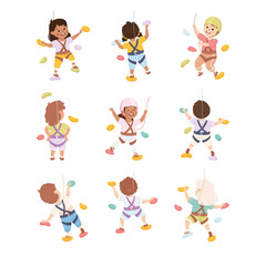 Happy Kids Climbing Wall Crawling Up Equipped with Rope Vector Set