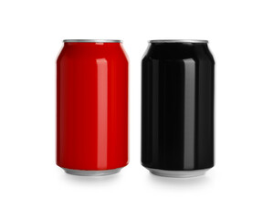 Aluminum cans with drinks on white background