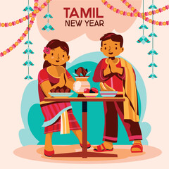 Happy Tamil New Year Poster or flyer with couple pray background