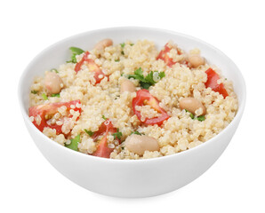 Delicious quinoa salad with tomatoes, beans and parsley isolated on white