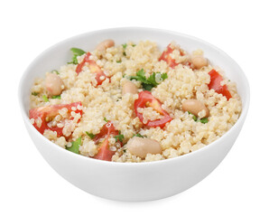 Delicious quinoa salad with tomatoes, beans and parsley isolated on white
