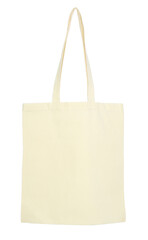 Blank beige textile bag on white background, top view. Mockup for design