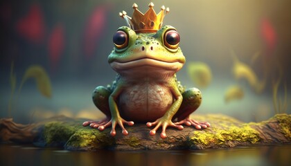 Cute frog with a crown. Created with Generative AI. - obrazy, fototapety, plakaty