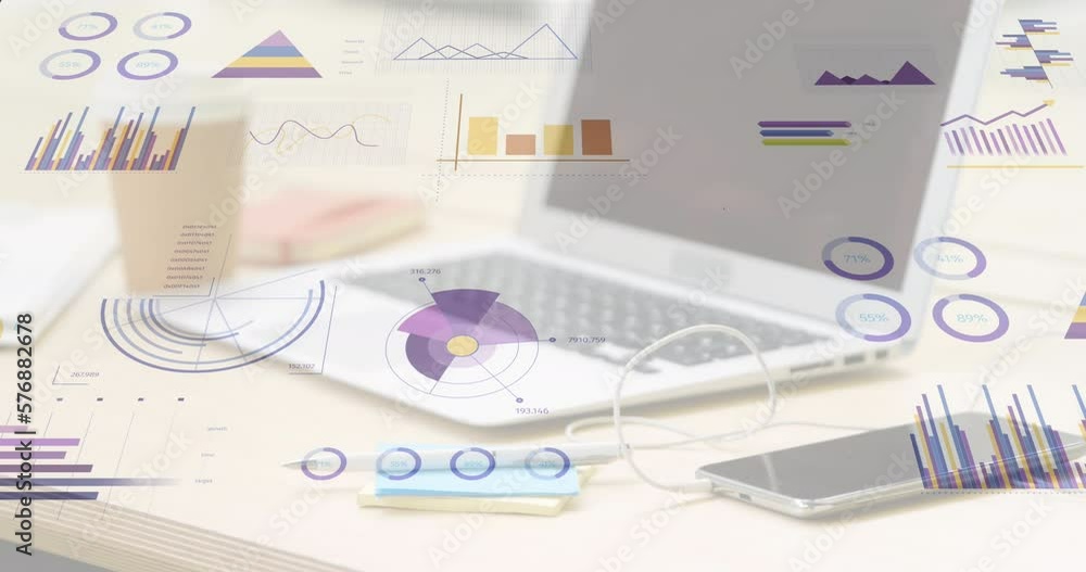 Poster animation of financial data processing over laptop