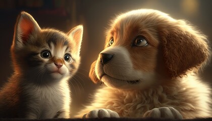Adorable baby dog ​​and cat together in cartoon style. Created with Generative AI.