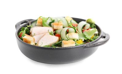 Delicious salad with croutons, chicken and vegetables isolated on white