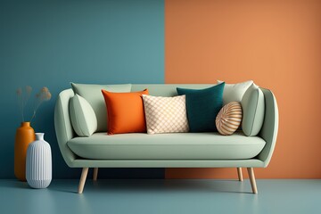 On a flat green background, a modern orange fabric sofa rests on wooden legs and is topped with fluffy pillows. One off home accessory; furniture. Couch with a modern, fashionable design. Generative