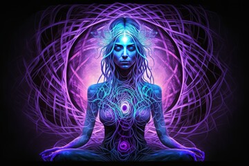 Woman in Deep Meditation, Heart and Third Eye Chakra Open - Purple Mandala Background - Isolated Backdrop - Generative AI Illustration 